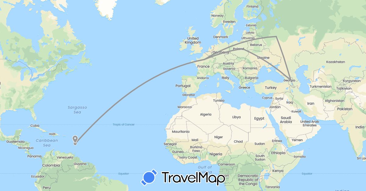 TravelMap itinerary: driving, plane in France, Georgia, Martinique, Poland, Russia (Asia, Europe, North America)