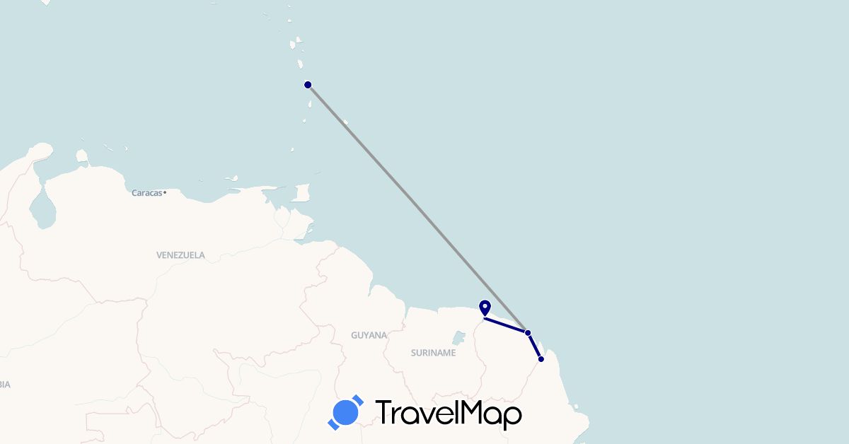 TravelMap itinerary: driving, plane in French Guiana, Martinique (North America, South America)